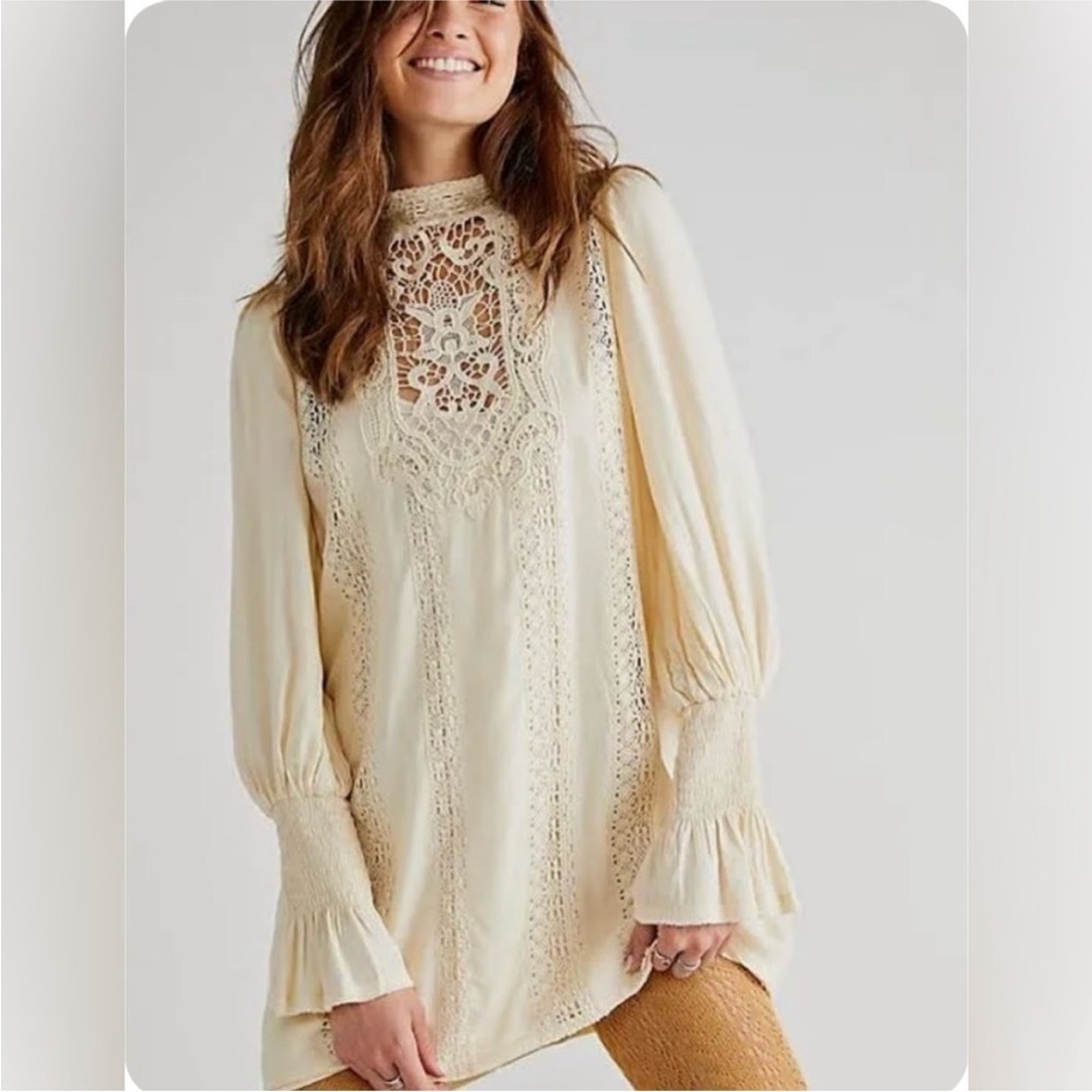 Free People Cream Crochet Lace Tunic Blouse